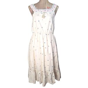 BLUEBERI BOULEVARD Size Large Cream Pink Blue Embroidery Ruffled Hem Midi Dress
